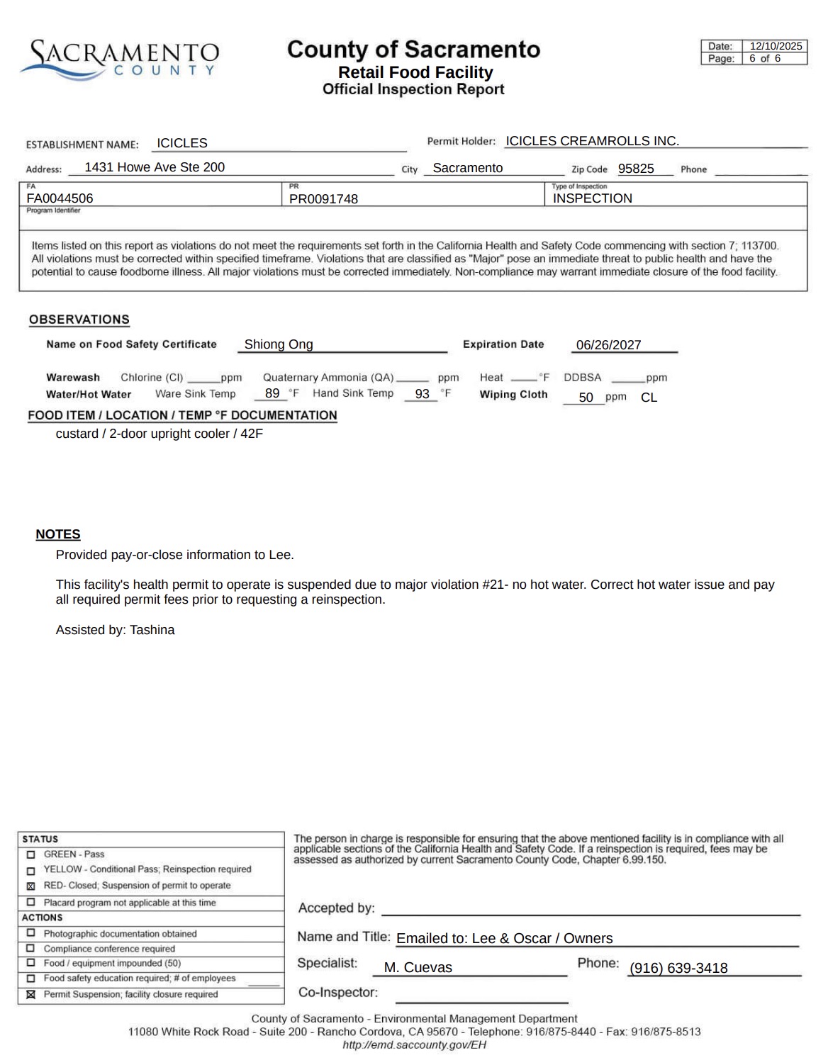 The report noted that the Permit to Operate has expired.